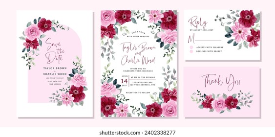 wedding invitation set with red pink floral watercolor frame Stock-vektor