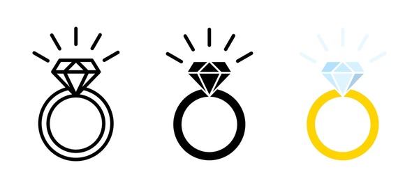Wedding ring icon. Jewelry logo. Engagement diamond ring icon. Proposal symbol. Brilliant gold jewellery vector illustration isolated. Stockvektor
