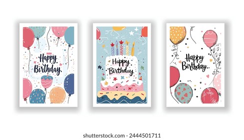 Whimsical Happy Birthday Card Collection, Hand-Drawn Flyers, Postcards, and Invitations स्टॉक वेक्टर