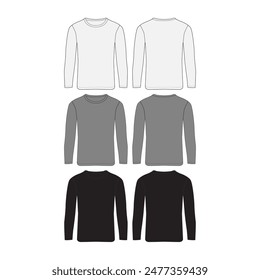 White Gray Blank Black Long Sleeve T-Shirt Template Front and Back View Vector Fashion Tee Shirt Illustration Black Long Sleeve T-Shirt Design Blank Black Long Sleeve Front view White T-Shirt Template 库存矢量图