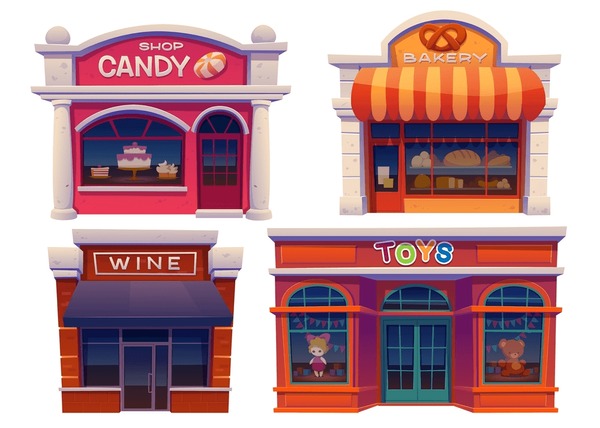 Wild west front view cartoon buildings set. Candy, bakery, wine, toys  shop. Traditional western architecture isolated on white background. House exterior, cowboy style design. Shops vector clip art Stock Vector