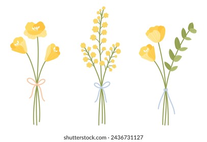 Ramos de flores silvestres, atados con cinta. Conjunto de ilustraciones vectoriales florales. Flores suaves, hierbas de prado y plantas silvestres para proyectos de diseño Vector de stock