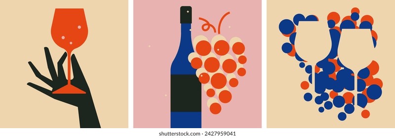 Wine tasting concept. Wine glasses, bottle, grapes icon set. Hand holding wine glass. Collection of wine vector design elements for restaurant menu, invitation for an event, festival, party – Vector có sẵn