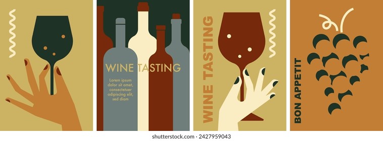 Wine tasting vector set in earthy tones. Collection of minimal vintage posters with bottle, glass of wine. Perfect background for restaurant menu, invitation for an event, festival, party, promotion – Vector có sẵn