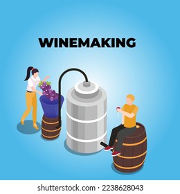 バナー、ウェブサイト、イラスト、ランディングページ、チラシなどのワイン製造と試飲アイソメトリック3Dベクターイラストのコンセプト。のベクター画像素材