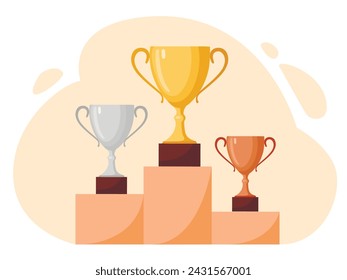 Winners podium with cups. Prizes for the Champions. Gold, silver and bronze cups. Vector illustration Adlı Stok Vektör