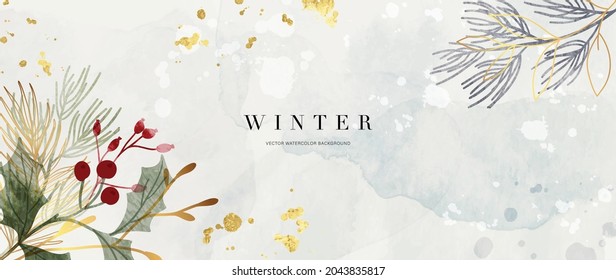 Winter background design  with watercolor brush texture, Flower and botanical leaves watercolor hand drawing. Abstract art wallpaper design for wall arts, wedding and VIP invite card.  Vector EPS10 Immagine vettoriale stock
