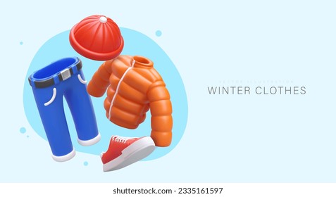 Winter clothes. Realistic puffer jacket, sneakers, hat, jeans. Accessories for complete outfit, winter collection. Time to dress warmly. Advertising poster, seasonal concept for clothing store Arkistovektorikuva