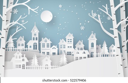 Winter Snow Urban Countryside Landscape City Village with full moon,Happy new year and Merry christmas,paper art and  digital craft style. Stock Vector