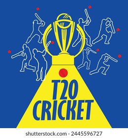 T20 Cricket Watch Live Poster Design With Different Poses Of Cricketer Players On Yellow And Blue Background. ICC WORLD CUP 2024. USA CRICKET MATCH  स्टॉक वेक्टर