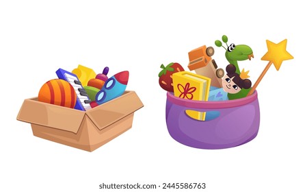 Стоковое векторное изображение: Toy box and basket isolated on white background. Vector cartoon illustration of cardboard container with ball, rocket, piano, doll, dinosaur, book, wooden truck and blocks, early education items