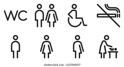 Toilet line icon set. WC sign. Men,women,mother with baby and handicap symbol. Restroom for male, female, transgender, disabled. Vector graphics Imagem Vetorial Stock