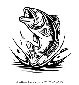 tattoo style black and white illustration of a fish leaping out of the water	 Immagine vettoriale stock