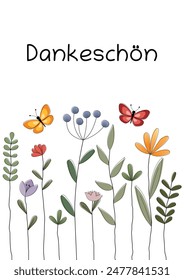 Dankeschön - ドイツ語のテキスト – ありがとうございました。カラフルな花と蝶と元気な感謝カード。のベクター画像素材