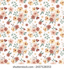 textile design art, small brown yellow flowers green leaves abstract effect botanic pattern allover repeats seamless  colors ,fabric wrapper print ,spring summer เวกเตอร์สต็อก