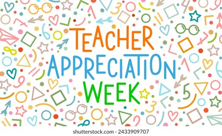 Teacher Appreciation Week school banner. Multicolored text in line art style on a white background. Arkistovektorikuva
