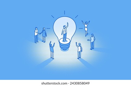 Team leader inspiration inside glowing light bulb . Happy brainstorm result. Isometric vector business illustration. Small people characters develop creative idea. Startup, teamwork leadership concept Stockvektor