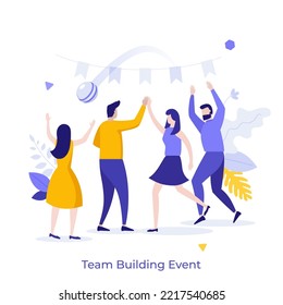 Teammates, co-workers or colleagues having fun at corporate event or party. Concept of team building, group activity, holiday celebration, company meeting. Modern flat vector illustration for banner. 庫存向量圖