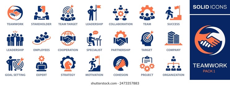 Teamwork icon set. Collection of cooperation, team target, leadership, collaboration and more. Vector illustration. Easily changes to any color. Immagine vettoriale stock