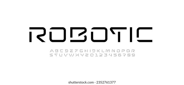 Tech font, digital alphabet, thin Latin letters A, B, C, D, E, F, G, H, I, J, K, L, M, N, O, P, Q, R, S, T, U, V, W, X, Y, Z and Arab numerals 0, 1, 2, 3, 4, 5, 6, 7, 8, 9, vector illustration 10EPS 库存矢量图