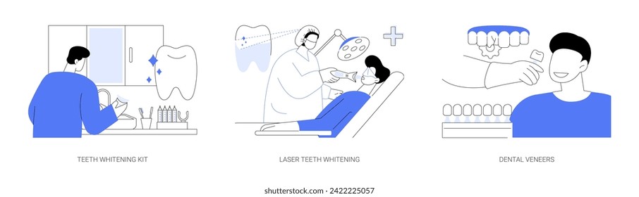 치아 미백 추상적 개념 벡터 일러스트레이션 세트 치아집 미백 키트, 치과 사무실에서의 레이저 치아 미백, 치과 베니어, 개인 구강 위생, 미소짓는 환자 추상적 은유. 스톡 벡터