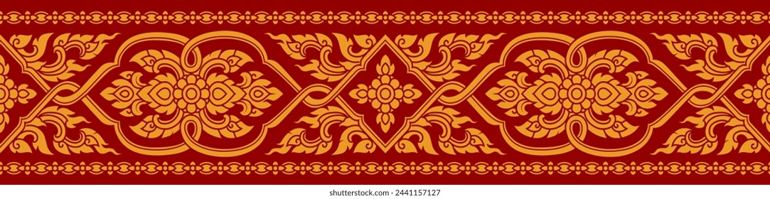 thai pattern seamless, red and gold Thai background, thai pattern temple, gold Thai art, Buddhism temple element, and background pattern decoration motifs for pillar pattern. Immagine vettoriale stock