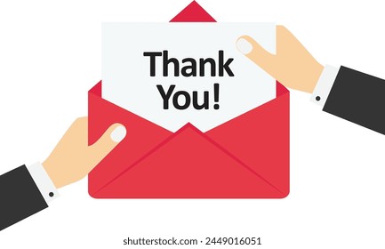 Thank you card. Hand is showing red envelope with Thank You card.

 Stock vektor