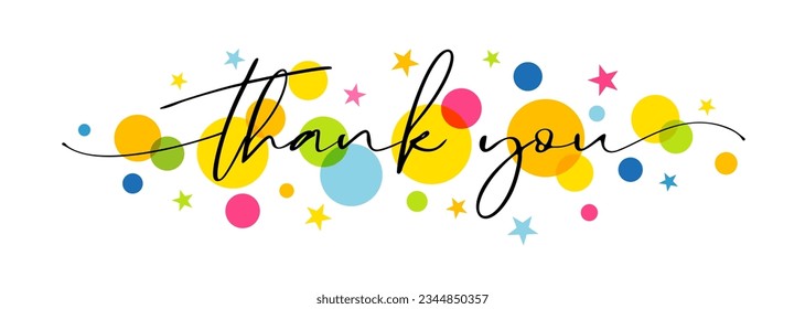 thank you handwritten phrase with swirl ribbons, colored circles and stars. Vector colorful illustration, vector de stoc