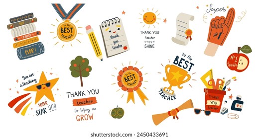 Thank you teacher set of cute greeting cards with apple, books, star, medal, champion cup, stationery supplies, notes. Vector cartoon teachers day awards collection isolated on white background. Stock vektor