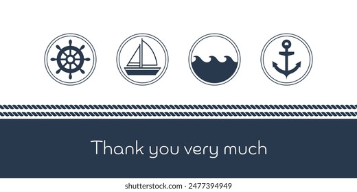 どうもありがとうございました。海洋アンカー、セーリングボート、波、ステアリングホイール付きのカードに感謝します。のベクター画像素材