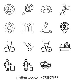 Thin line icon set : target audience, dollar magnifier, group, courier, round around, fingerprint, car pointer, pin, client, do not trolley sign, security man, baggage checking, garbage bin 스톡 벡터