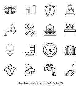 Thin line icon set : team, graph, alarm clock, microscope, chemical industry, percent, cottage, inspector, baggage get, pool, watch, fence, corn, wasp, water tap, scoop 스톡 벡터