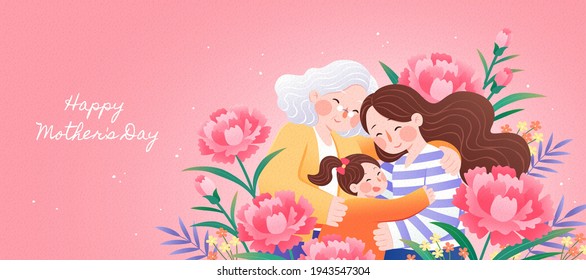 Three generations all together celebrating happy mother's day with arms holding each others and be surrounded by carnation flowers Stock Vector