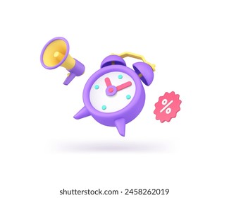 Time to sale discount marketing announce megaphone special offer alert 3d icon realistic vector illustration. Retail price off commercial ad limited clearance shopping deal loudspeaker alarm clock Immagine vettoriale stock