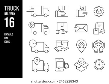  Truck Delivery Line Editable Icons set. Vector illustration in modern thin line style of vehicle related icons: logistics, delivery tracking, floor lifting, and more 库存矢量图