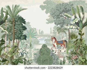 Traditional British, Mughal garden, forest, horse, parrot vector pattern Stock Vector