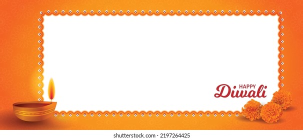 Traditional Happy Diwali puja Horizontal background design with Diya, marigold flowers. Realistic frame template Hindu festival vector illustration. Text message. Website header, invitation, promotion Stock Vector