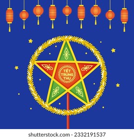 Traditional Vietnamese star lantern (Đèn Ông Sao). Tết Trung Thu means Mid-Autumn Festival in Vietnam. Paper lanterns at night banner. Vector clip art illustration. – Vector có sẵn