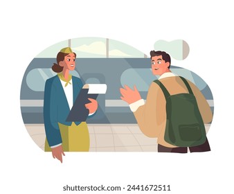Train Conductor Consultation. A conductor assists a traveler at the station, enhancing the travel experience with helpful guidance Stockvektor
