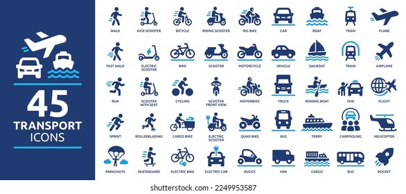Transport icon set. Containing car, bike, plane, train, bicycle, motorbike, bus and scooter icons. Solid icon collection. Stockvektor
