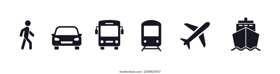Iconos de transporte establecidos. Auto, bus, tren, barco, avión y a pie. Iconos de transporte público, de viaje y de entrega. Ilustración vectorial. Vector de stock