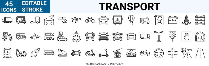 Transport web line icons. Containing car, bike, plane, train, bicycle, motorbike, bus and scooter. Editable stroke. Vector illustration – Vector có sẵn