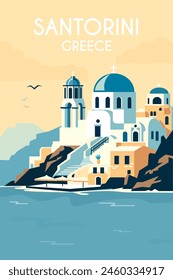 Стоковое векторное изображение: Travel destinations Greece, Santorini. Postcard, poster printable template