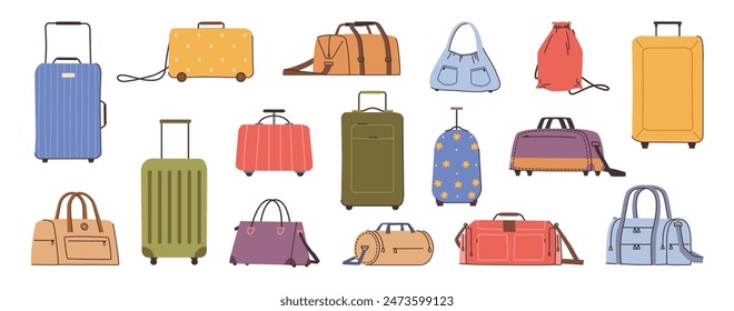 Traveling bags and suitcases for travelers. Vector isolated set of personal belongings of passengers. Baggage and luggage with wheels, backpack or rucksack, sack for tours and voyage trips – Vector có sẵn