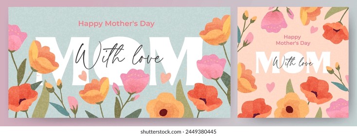 流行の母の日のカード、バナー、ポスター、チラシ、ラベル、またはカバーと花のフレーム、ミッドセンチュリーのアートスタイルの抽象的な花柄。広告プロモーションのための春の夏の明るい抽象的花柄デザインテンプレートのベクター画像素材