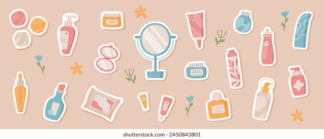 Trendy antiaging skin care product sticker pack collection, flat moisturizing cosmetic jars composition with green leaves, cartoon natural beauty oil bottle, colorful organic skincare vector patch set: stockvector