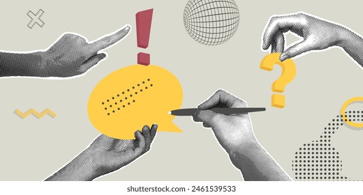 Trendy halftone collage of business concept. Illustration of analytics,discussion,planning,questioning,research,business report.Teamwork.Vector illustration of web banner,social media banner. 库存矢量图