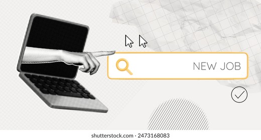 Trendy Halftone Collage Hand from computer monitor screen points to search bar. Online hiring job. Career training. Job vacancy open. Seo management. Contemporary vector illustration art Immagine vettoriale stock