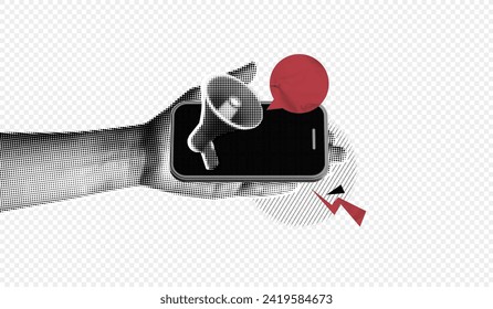 Collage a la moda Mano de la mano de Halftone sosteniendo el teléfono móvil con megáfono y mensaje de burbuja de voz. Comunicación en medios sociales. Nuevo aviso en el smartphone. Tiempo de comercialización. Arte vectorial contemporáneo Vector de stock