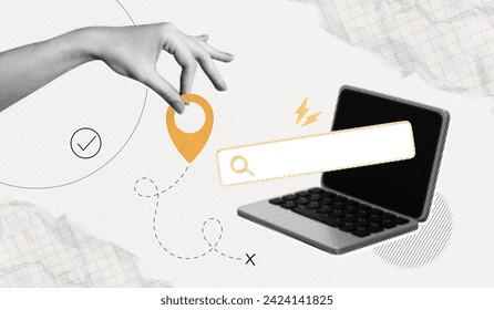Trendy Halftone Collage Hand holding Pin Location and Computer Laptop with Search bar. Package tracking from marketplace. Online find trip. Contemporary vector art illustration with position element Imagem Vetorial Stock